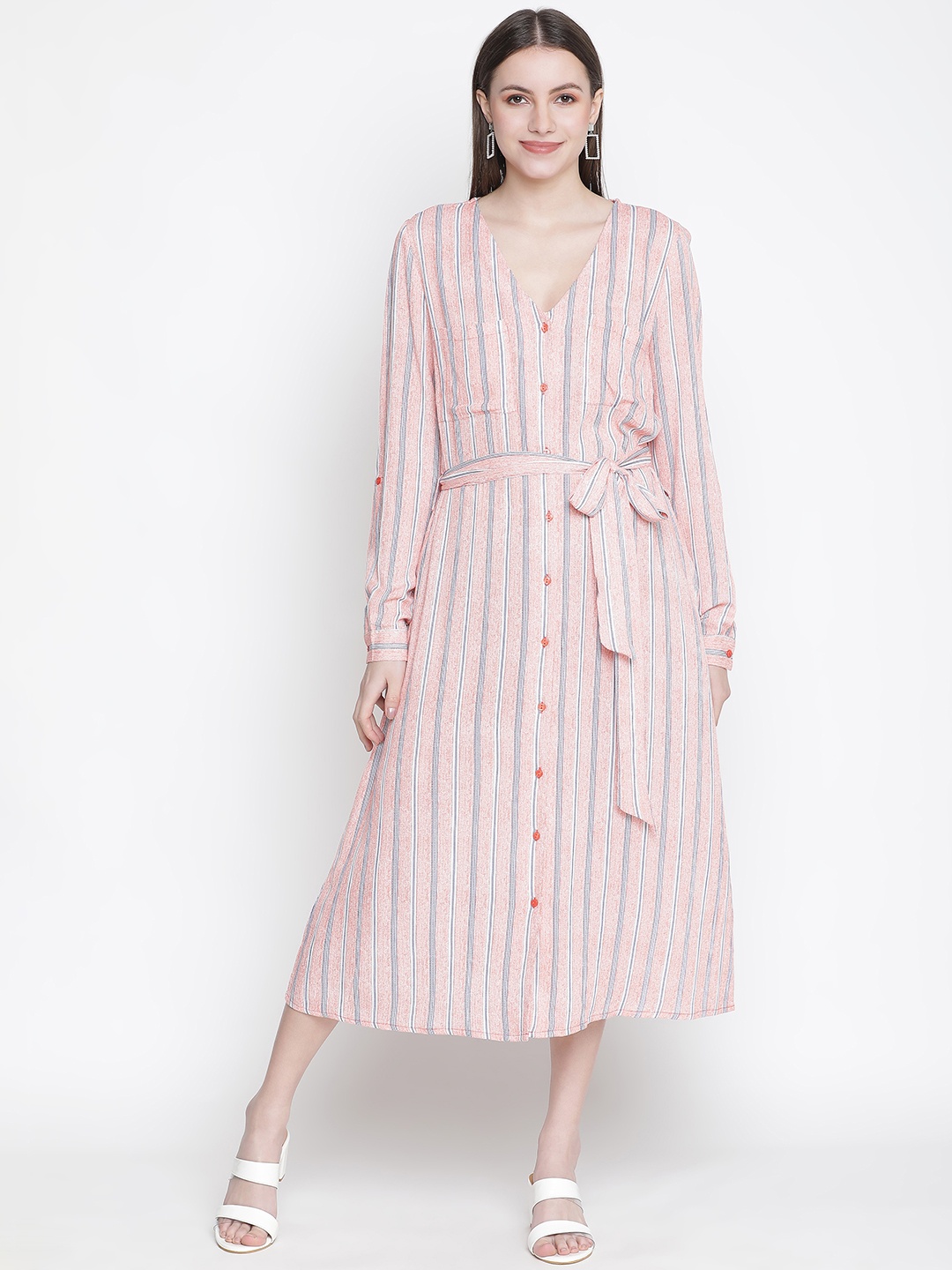 

Oxolloxo Women Orange Striped Crepe A-Line Midi Dress