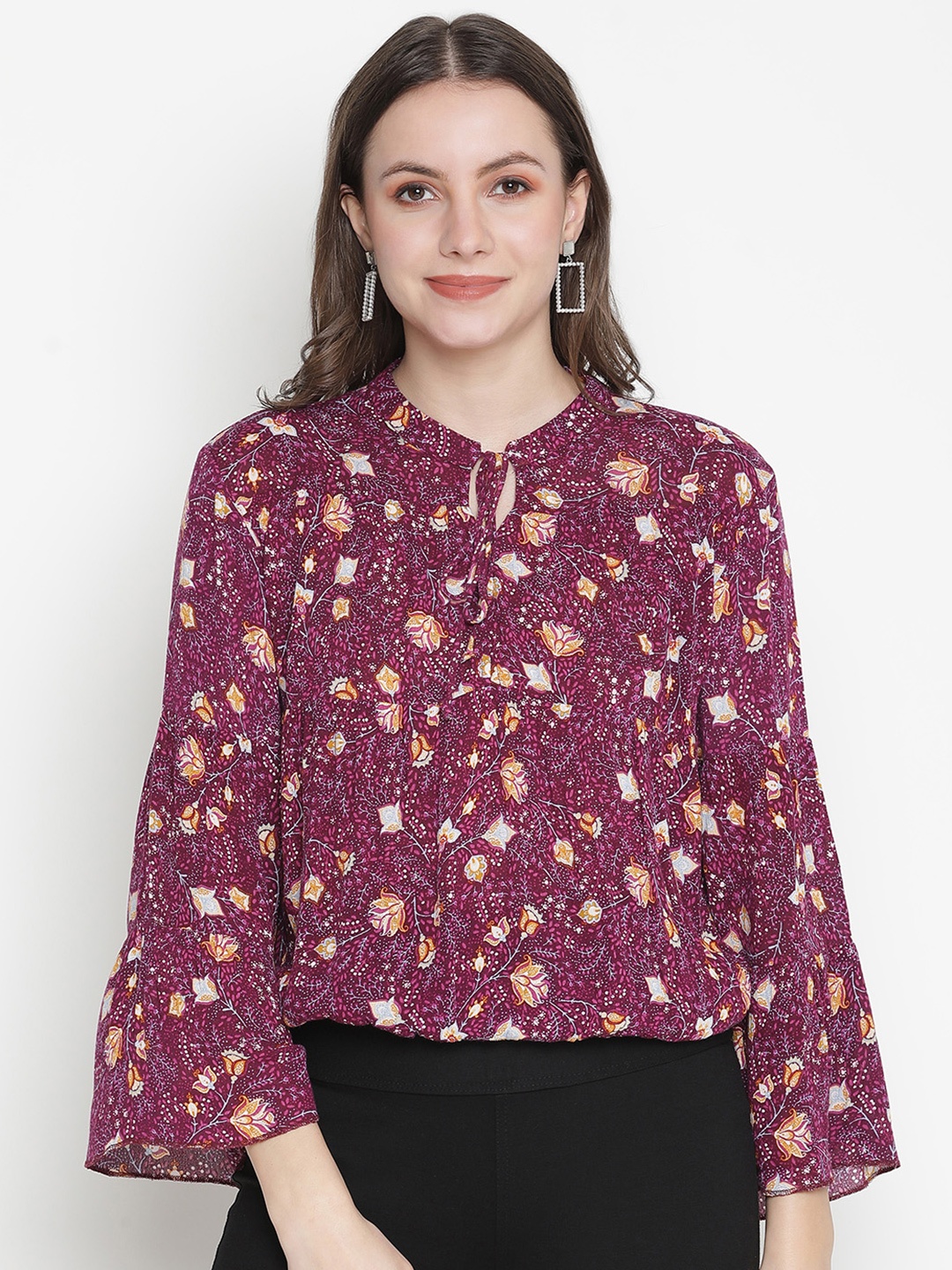 

Oxolloxo Purple Floral Print Crepe Shirt Style Top