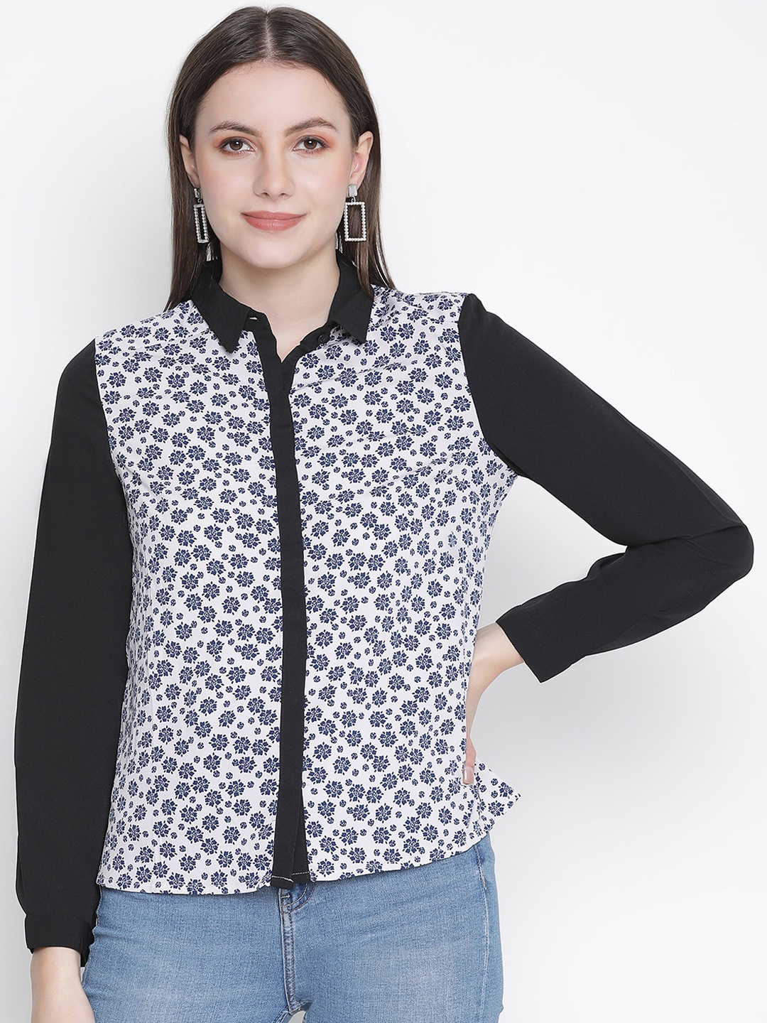 

Oxolloxo Women White Classic Semi Sheer Printed Casual Shirt