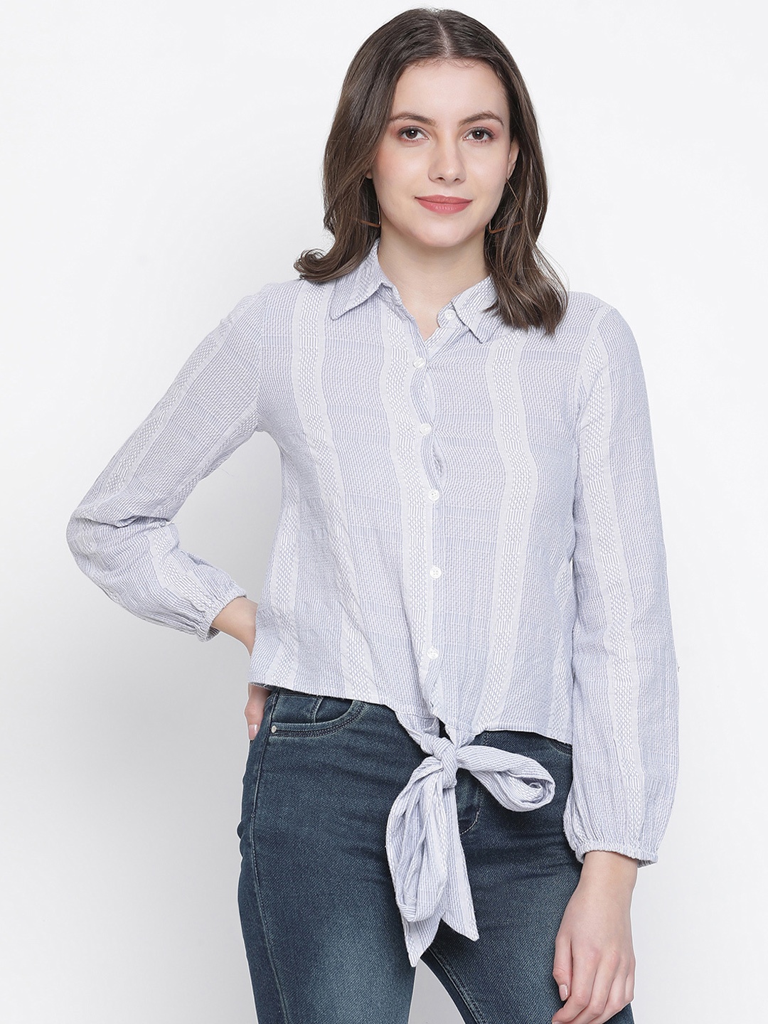 

Oxolloxo Women Blue & White Classic Semi Sheer Striped Casual Shirt
