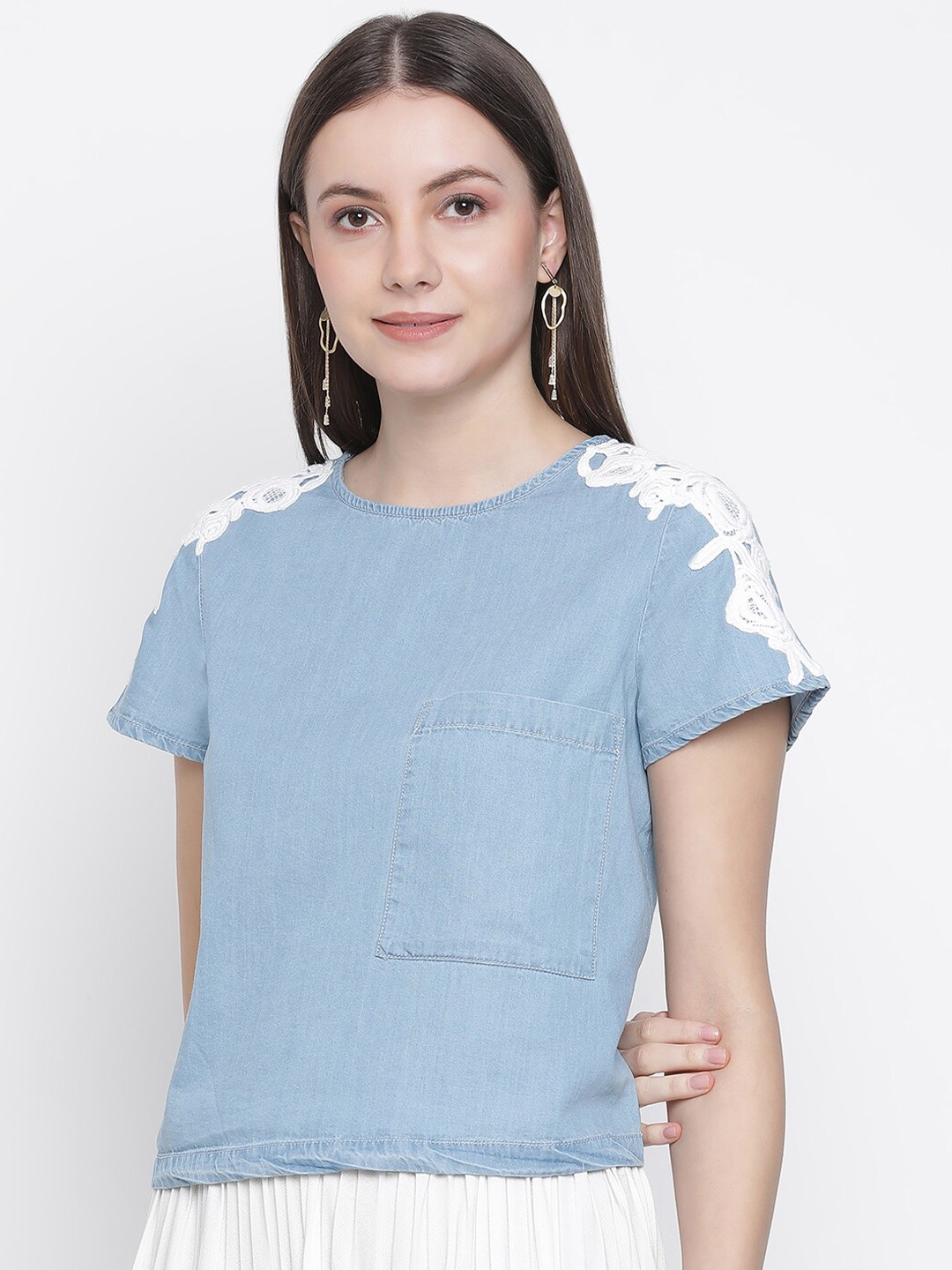 

Oxolloxo Blue Lace Inserted Pure Cotton Denim Crop Top