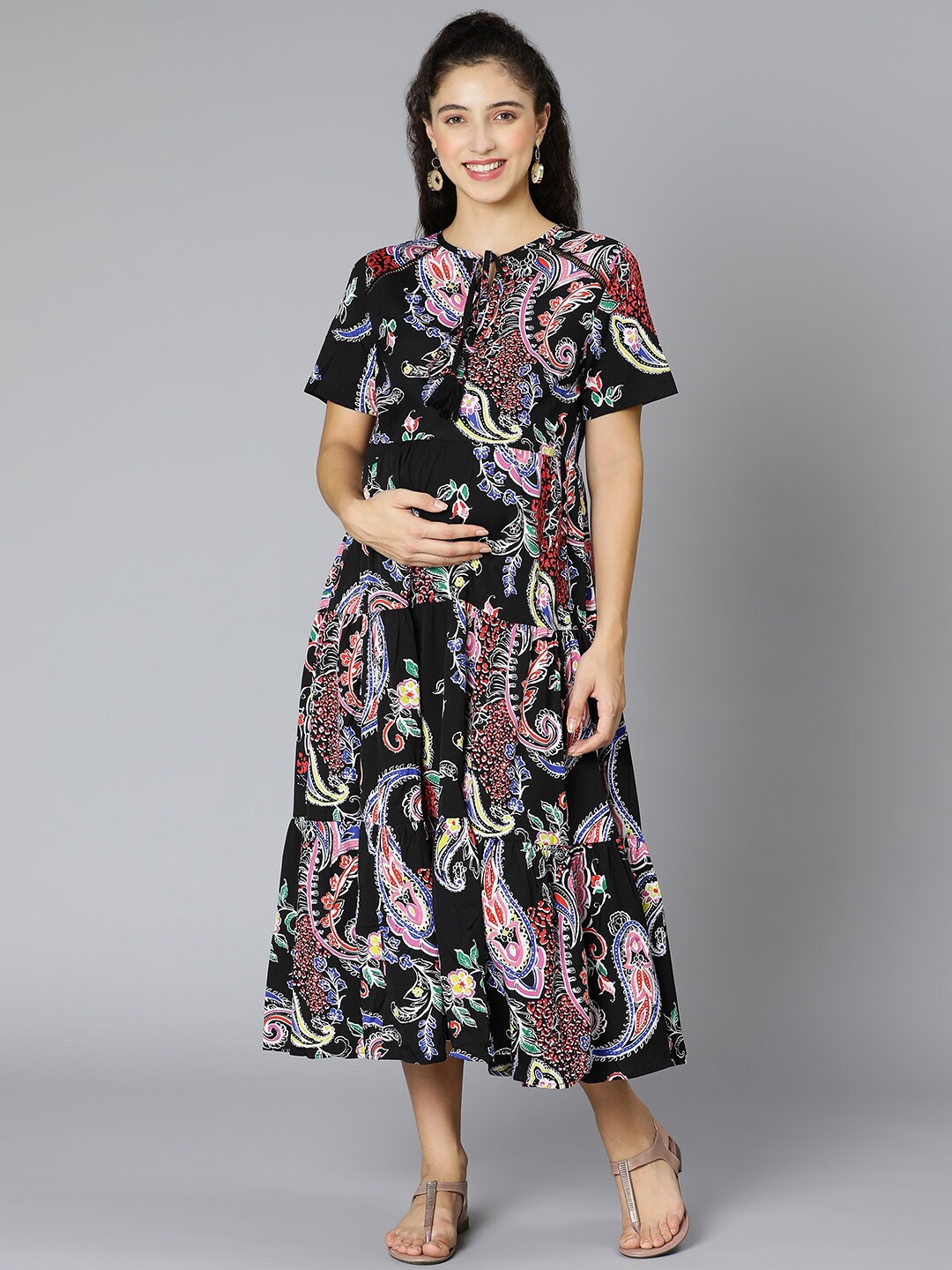 

Oxolloxo Black Floral Satin Maternity Midi Dress