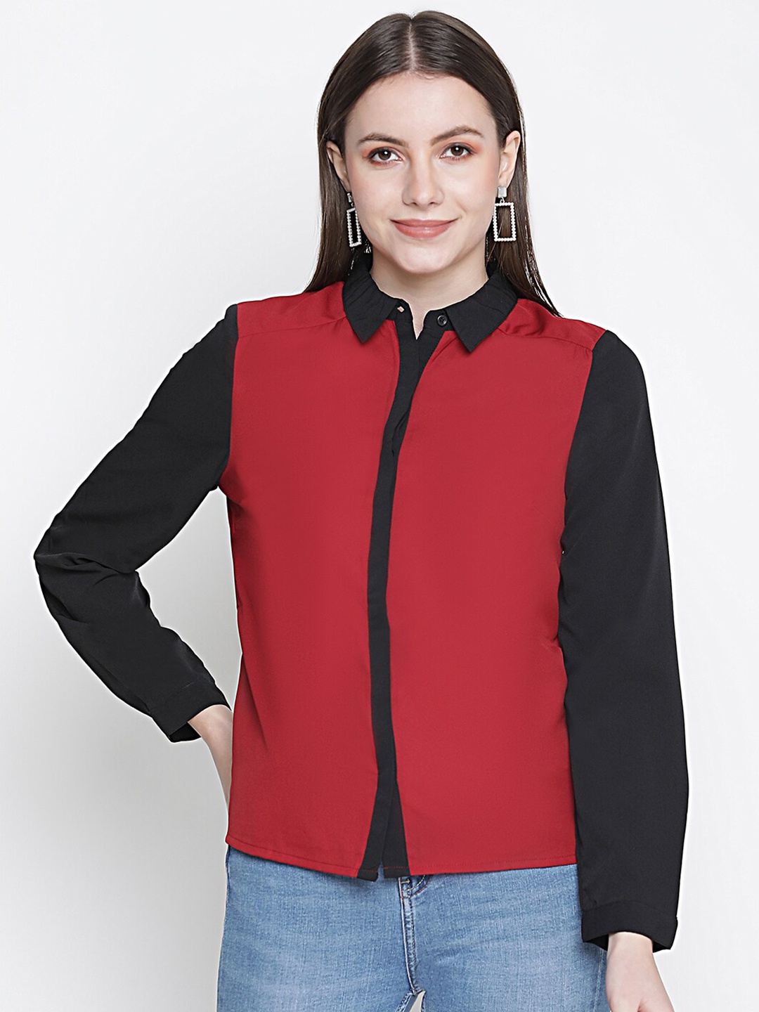 

Oxolloxo Women Red Classic Semi Sheer Casual Shirt