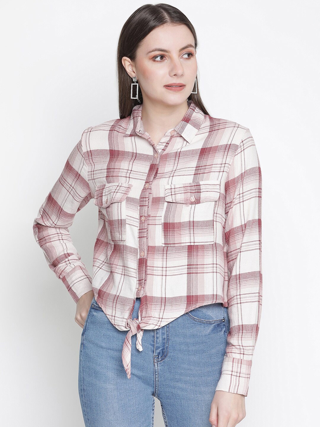 

Oxolloxo Women White & Maroon Classic Tartan Checks Semi Sheer Checked Casual Shirt