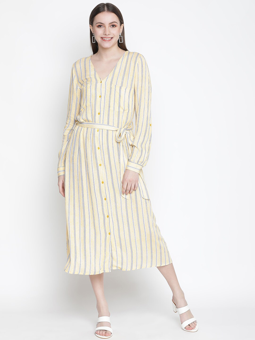 

Oxolloxo Yellow & Grey Striped Crepe A-Line Midi Dress