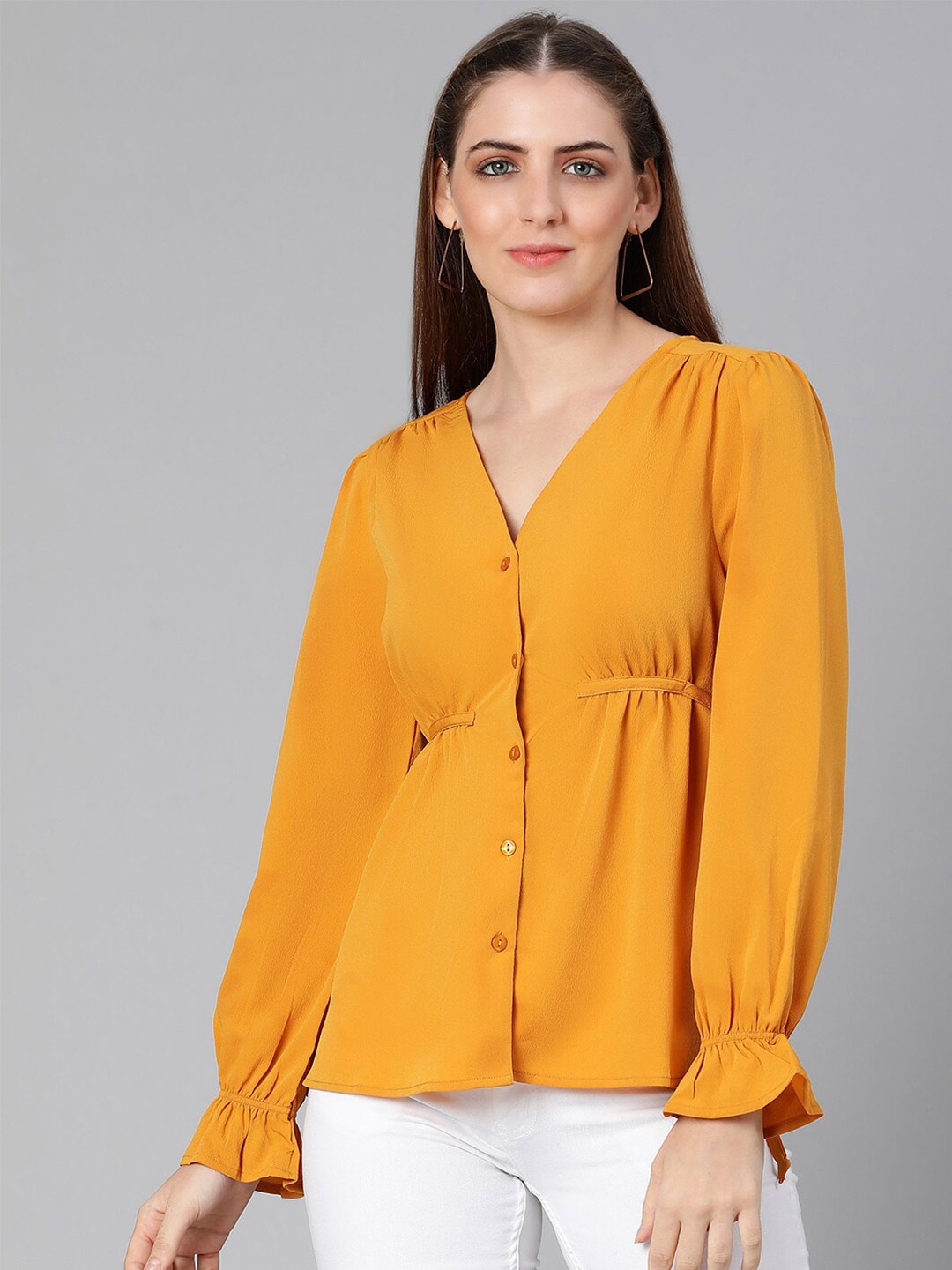 

Oxolloxo Mustard Yellow Solid Puff Sleeves Satin Shirt Style Top