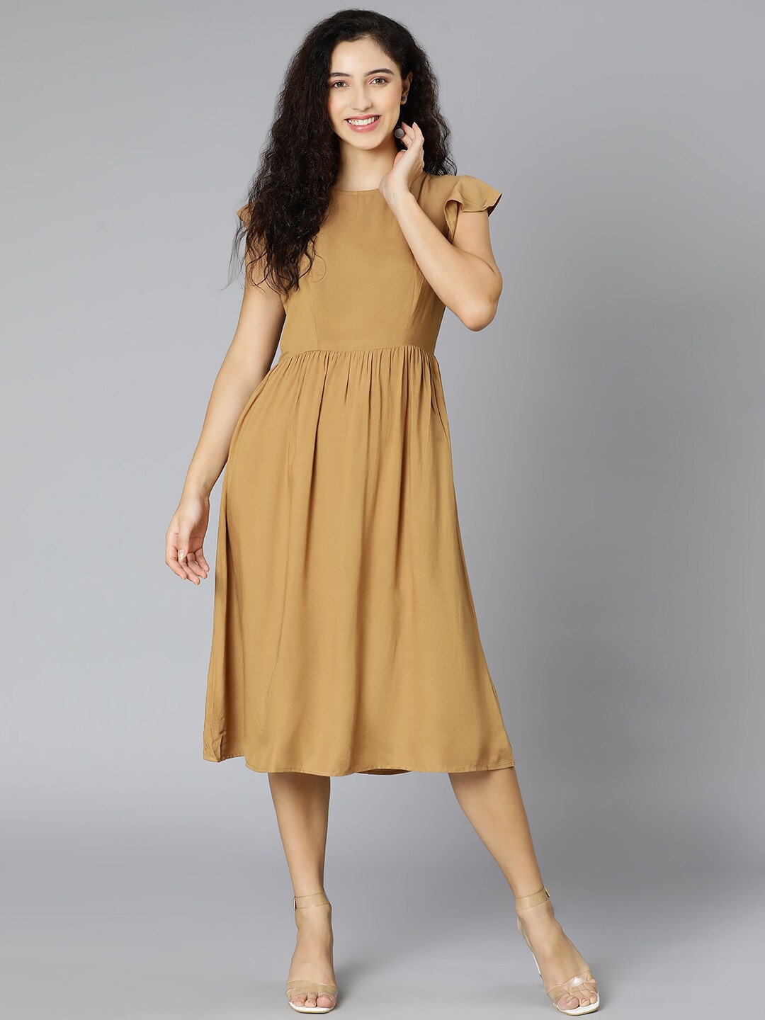 

Oxolloxo Brown & shadow green Crepe A-Line Midi Dress