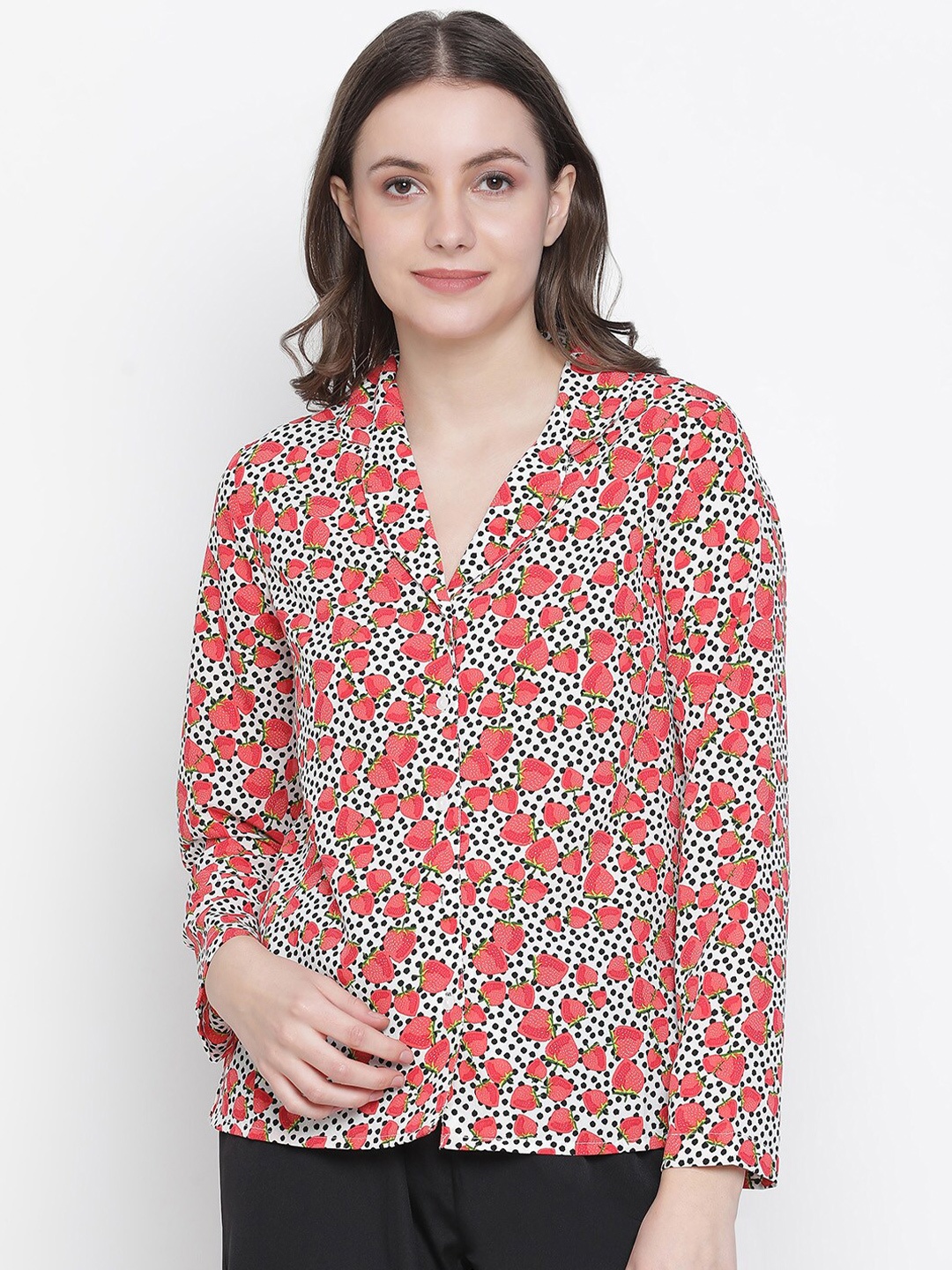 

Oxolloxo Women White & Red Classic Floral Printed Casual Lounge Shirt