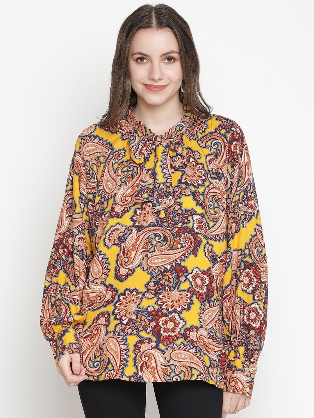 

Oxolloxo Yellow & Brown Ethnic Print Tie-Up Neck Crepe Top