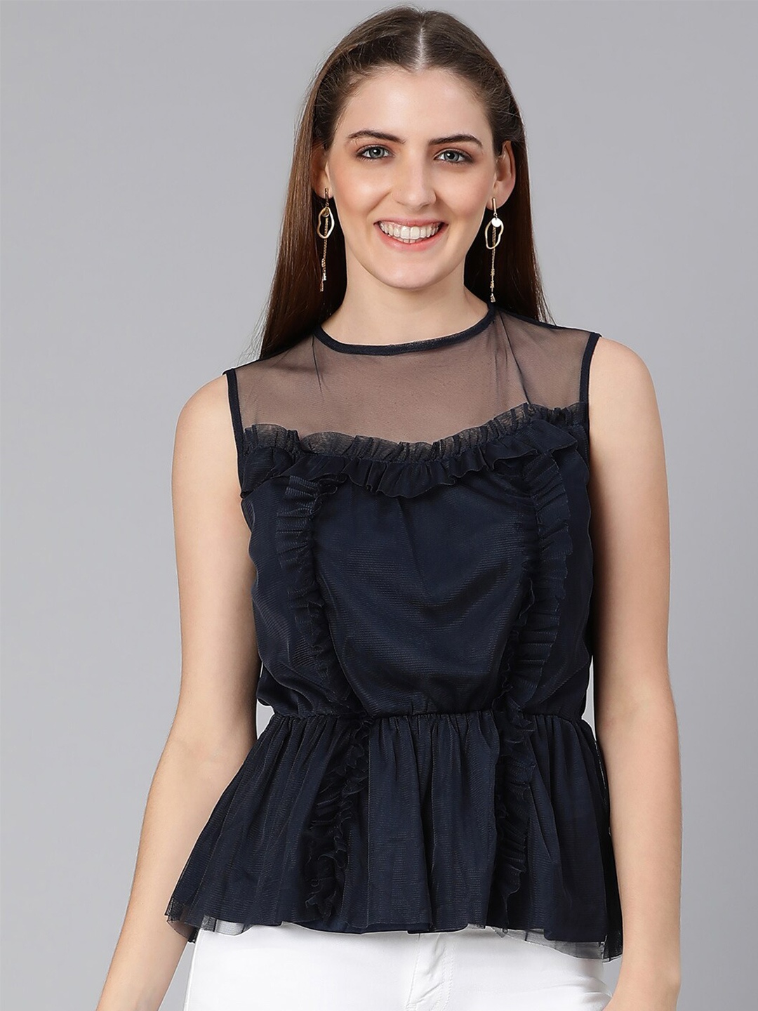 

Oxolloxo Navy Blue sapphire Embellished Ruffles Top