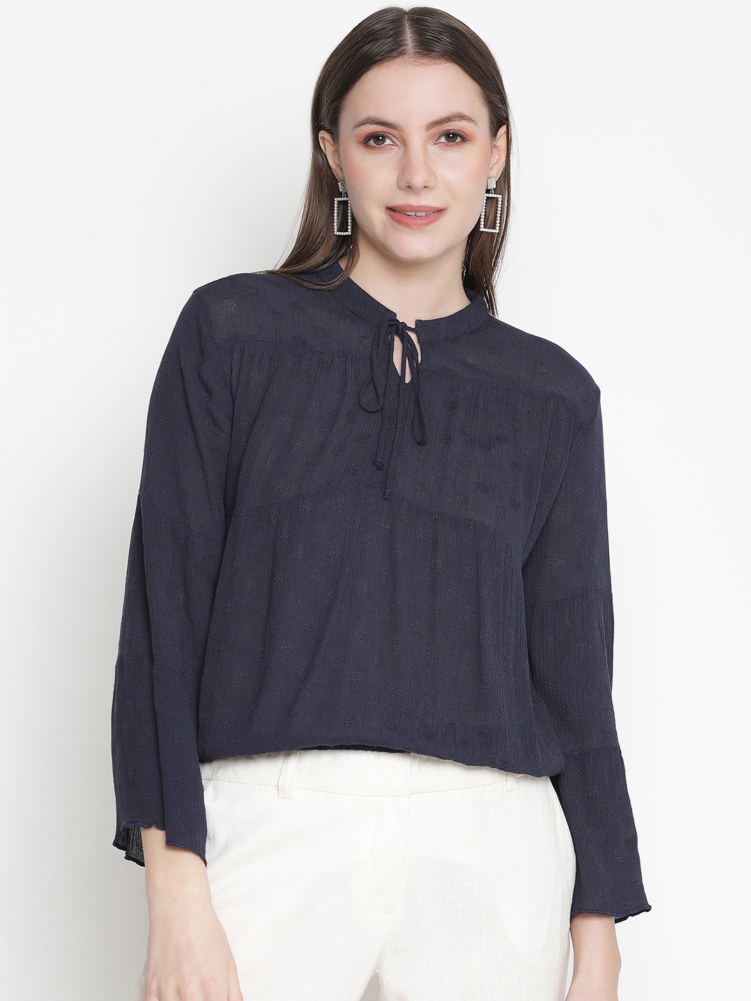 

Oxolloxo Navy Blue Self Design Tie-Up Neck Crepe Top