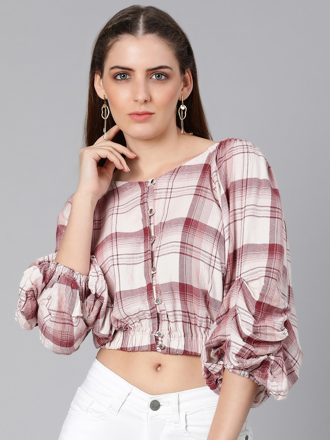 

Oxolloxo Off-white & Burgundy Check Print Blouson Crop Top