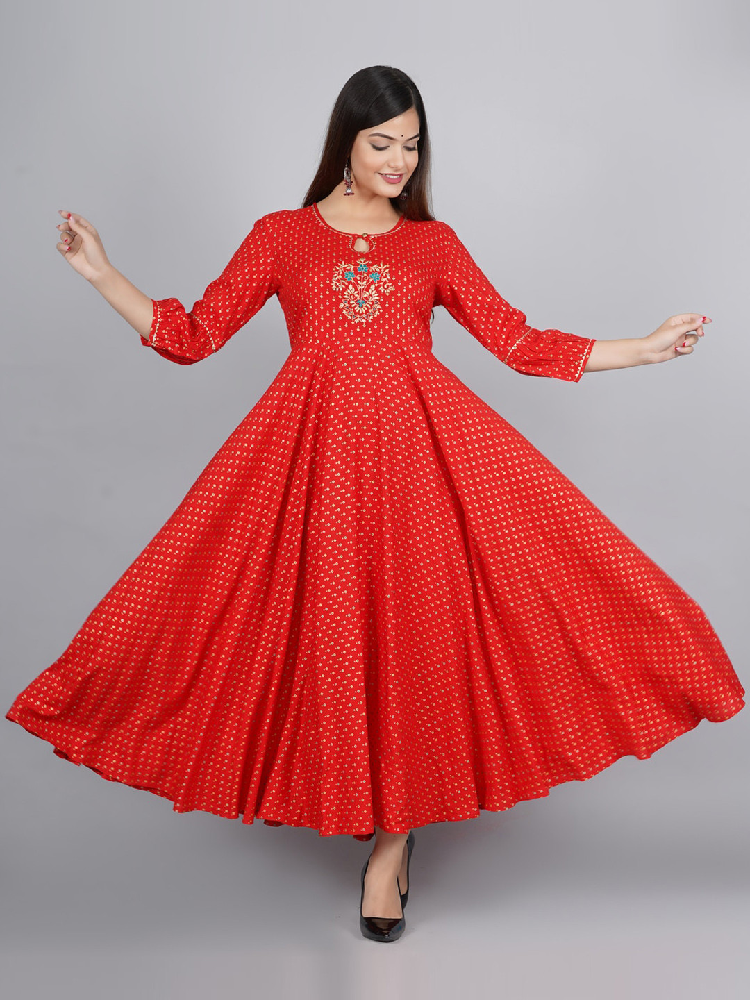 

KALINI Women Red Ethnic Motifs Printed Keyhole Neck Thread Work Anarkali Kurta