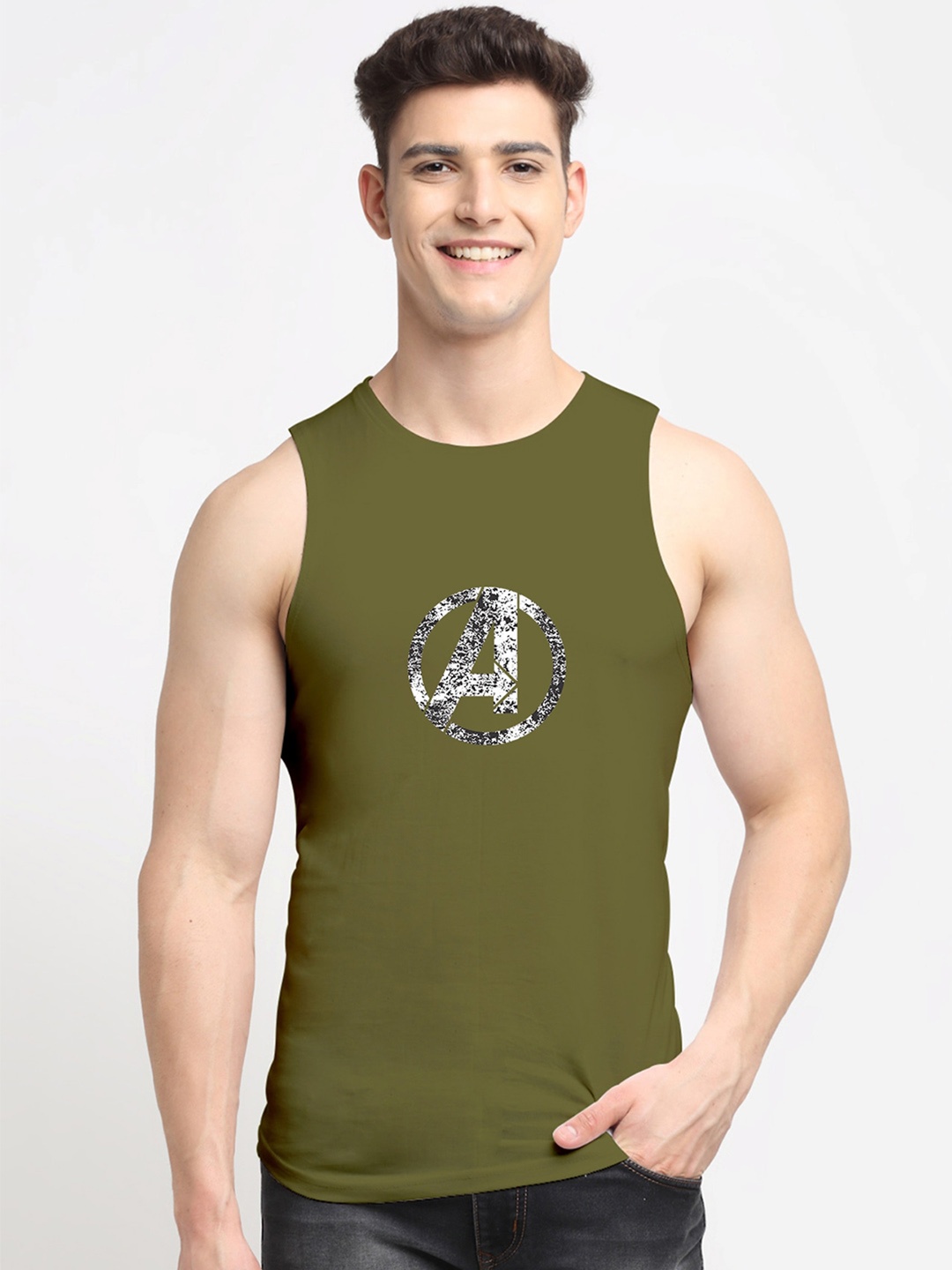 

Friskers Men Olive Printed Innerwear Vests