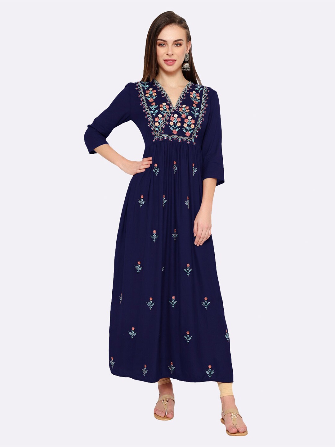 

shashvi Blue & Blue Floral Embroidered V-Neck Thread Work Thread Work Anarkali Kurti