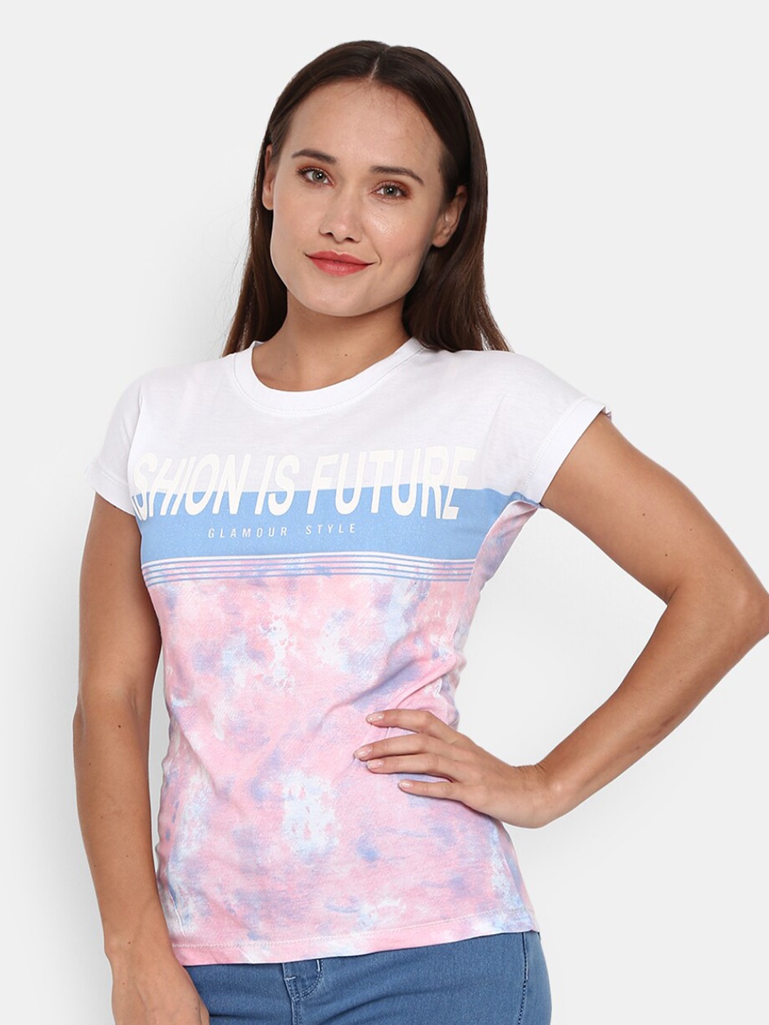 

V-Mart Women White & cradle pink Printed Raw Edge T-shirt