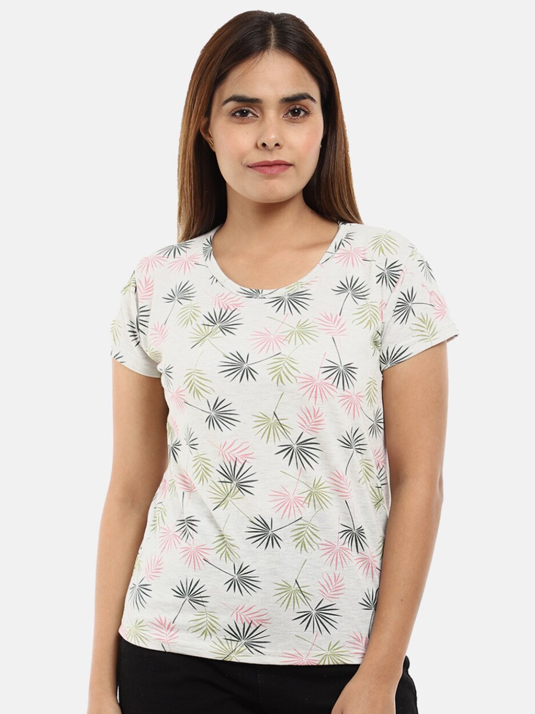 

V-Mart Women Beige & chinese white Printed Tropical T-shirt