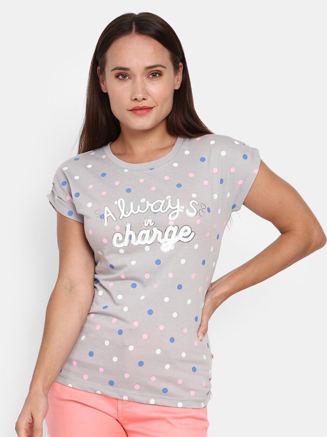 

V-Mart Women Grey & lilac ash Printed Extended Sleeves Applique T-shirt
