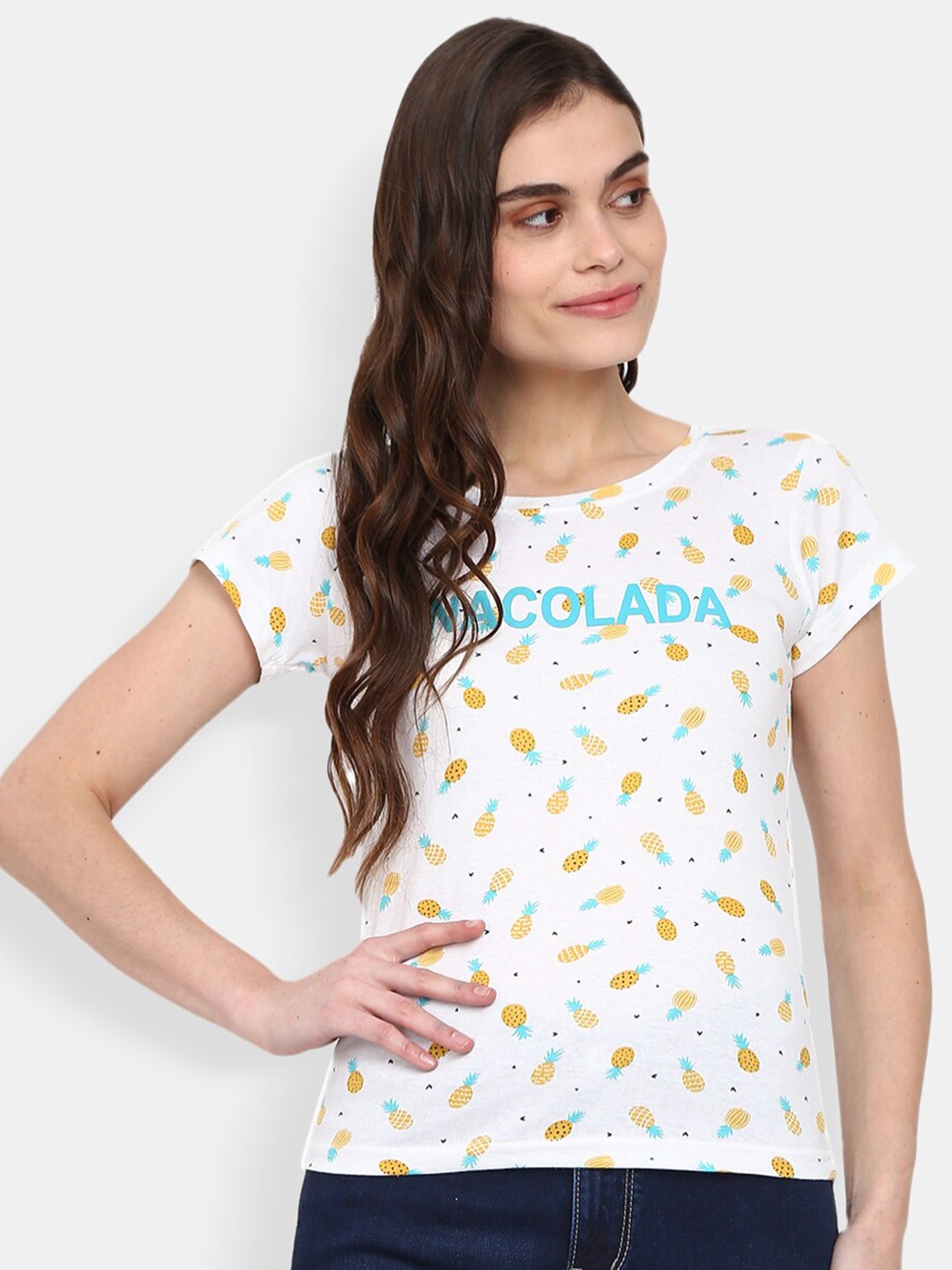 

V-Mart Women White & magnolia Printed Extended Sleeves T-shirt