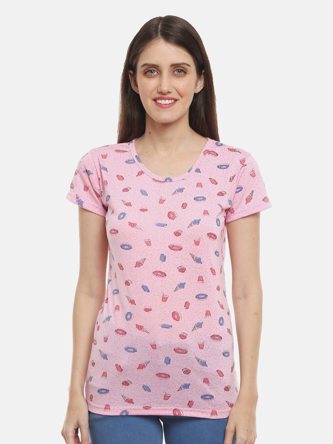 

V-Mart Women Pink & pink mist Printed V-Neck T-shirt