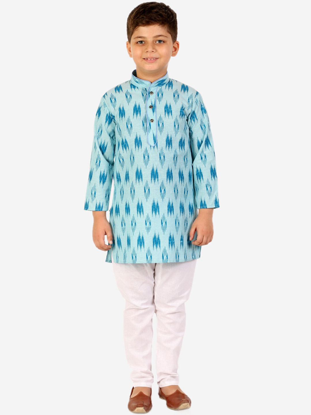 

Pro-Ethic STYLE DEVELOPER Boys Turquoise Blue Angrakha Pure Cotton Kurta with Pyjamas