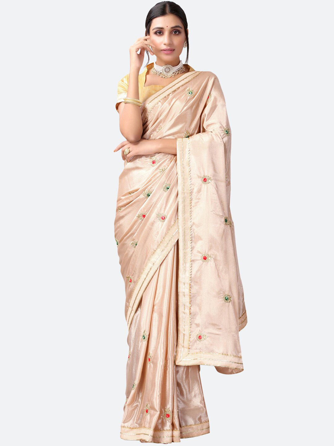 

Satrani Beige & Gold-Toned Embroidered Heavy Work Saree