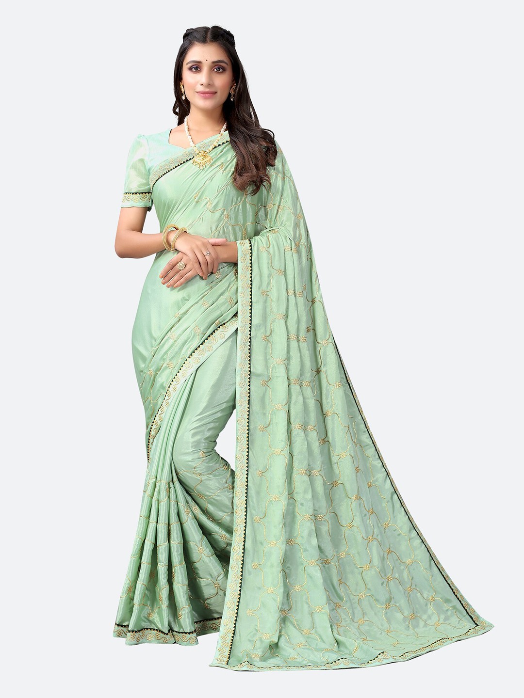 

Satrani Green & Gold-Toned Ethnic Motifs Silk Cotton Saree