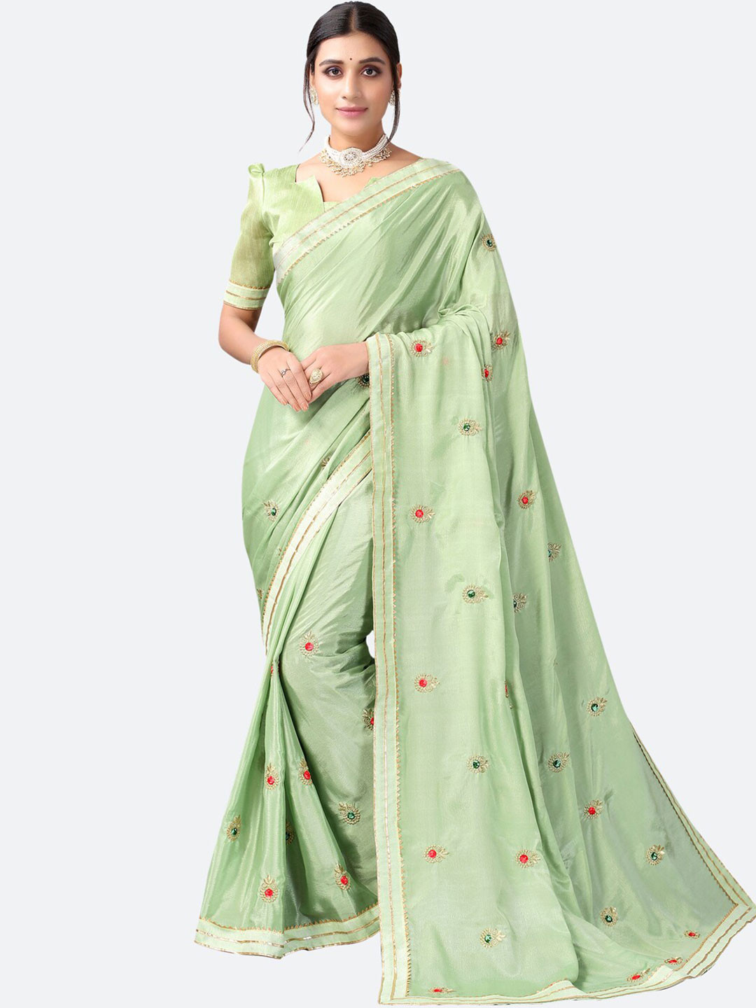 

Satrani Green & Gold-Toned Ethnic Motifs Silk Cotton Heavy Work Saree