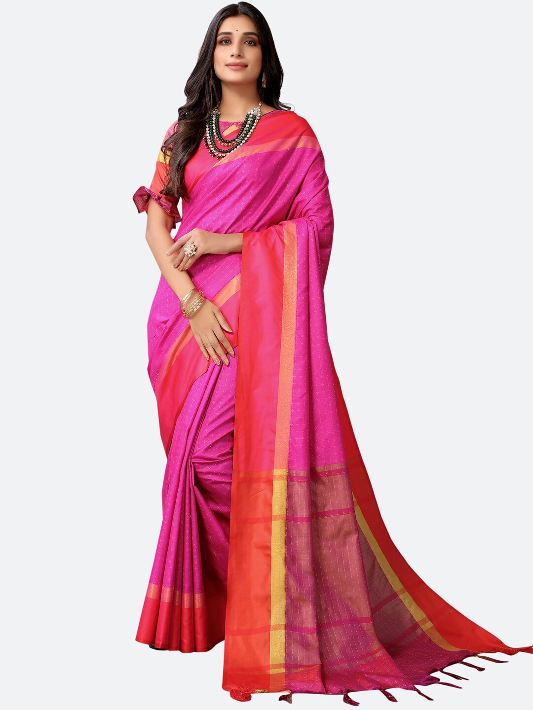 

Satrani Pink & Gold-Toned Woven Design Saree