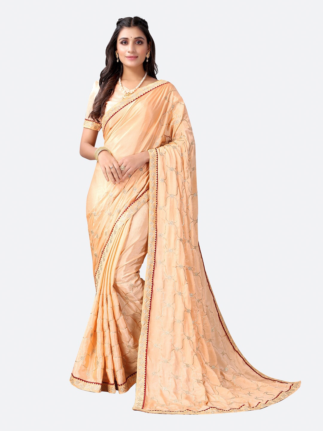 

Satrani Peach-Coloured & Gold-Toned Ethnic Motifs Silk Cotton Saree