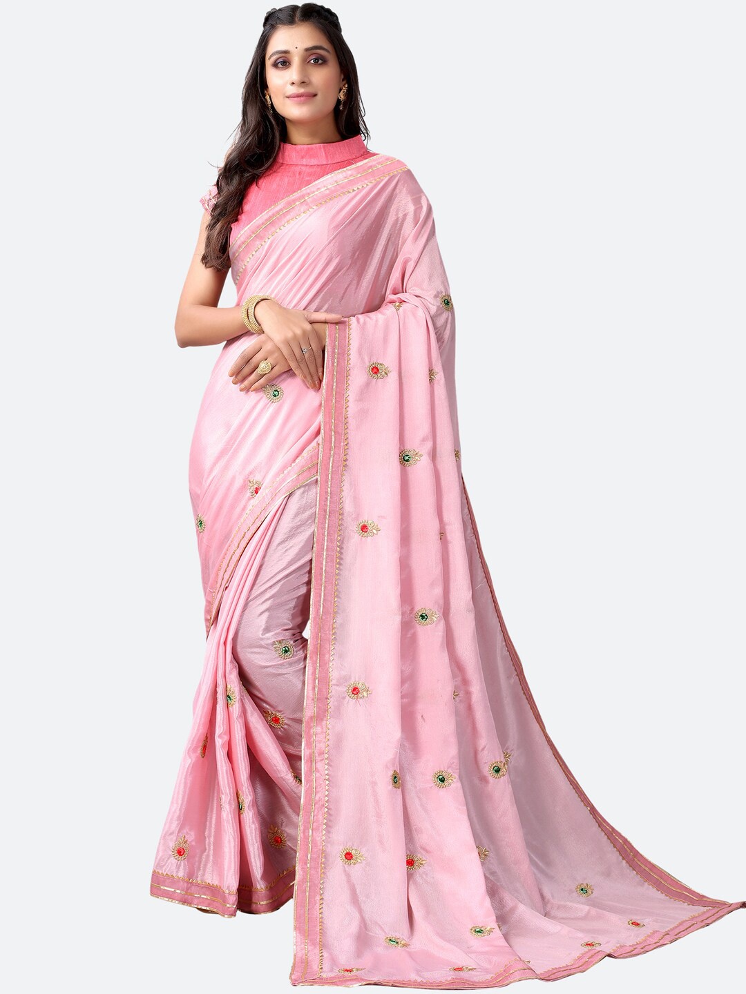 

Satrani Pink & Gold-Toned Ethnic Motifs Gotta Patti Silk Cotton Saree