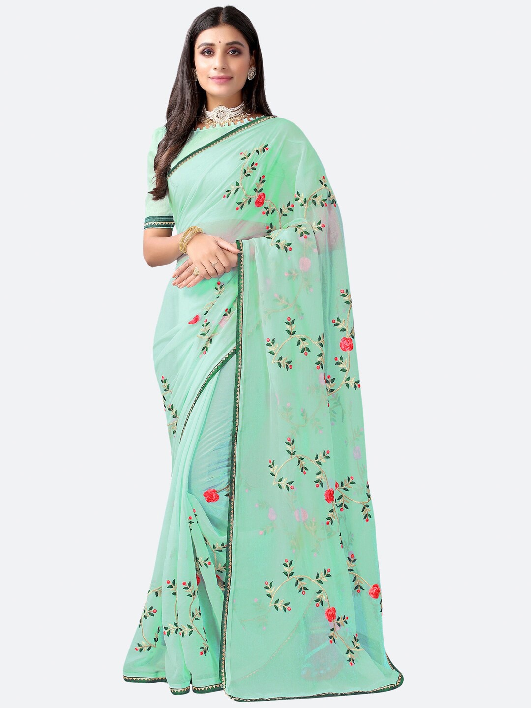 

Satrani Women Green & Pink Floral Poly Chiffon Embroidered Saree