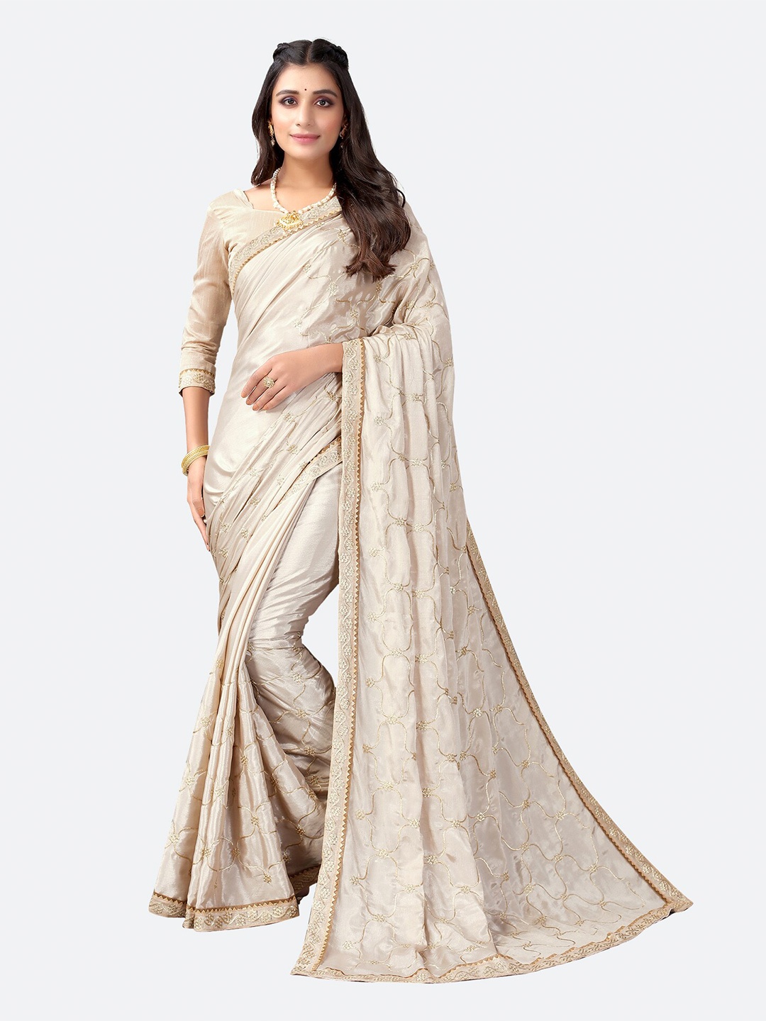 

Satrani Cream-Coloured & Gold-Toned Ethnic Motifs Silk Cotton Saree