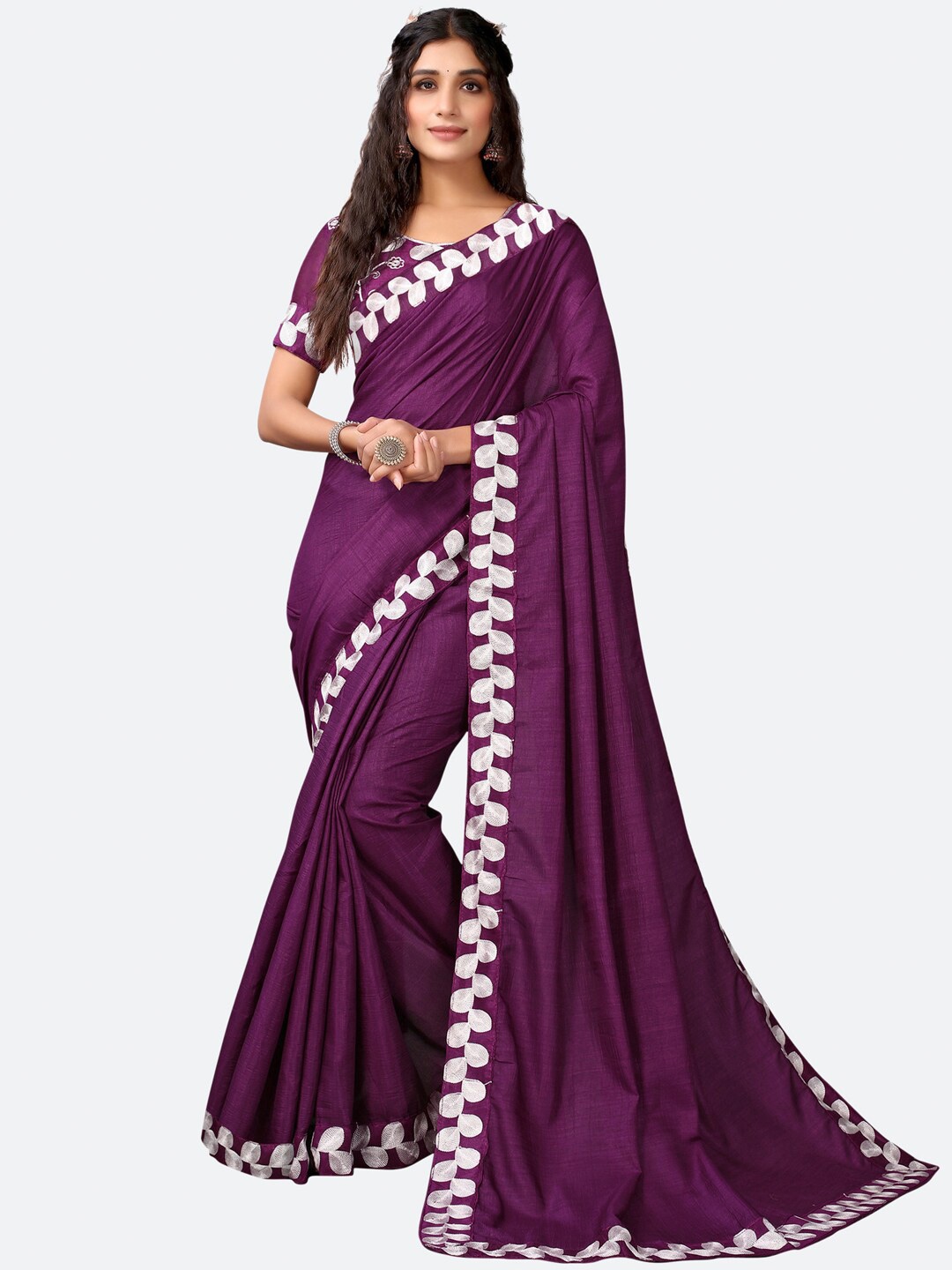 

Satrani Purple & White Embroidered Border Saree