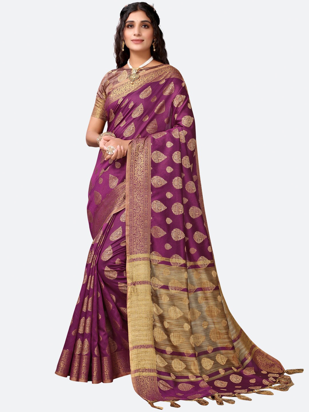 

Satrani Purple & Golden Ethnic Motifs Zari Silk Cotton Heavy Work Saree