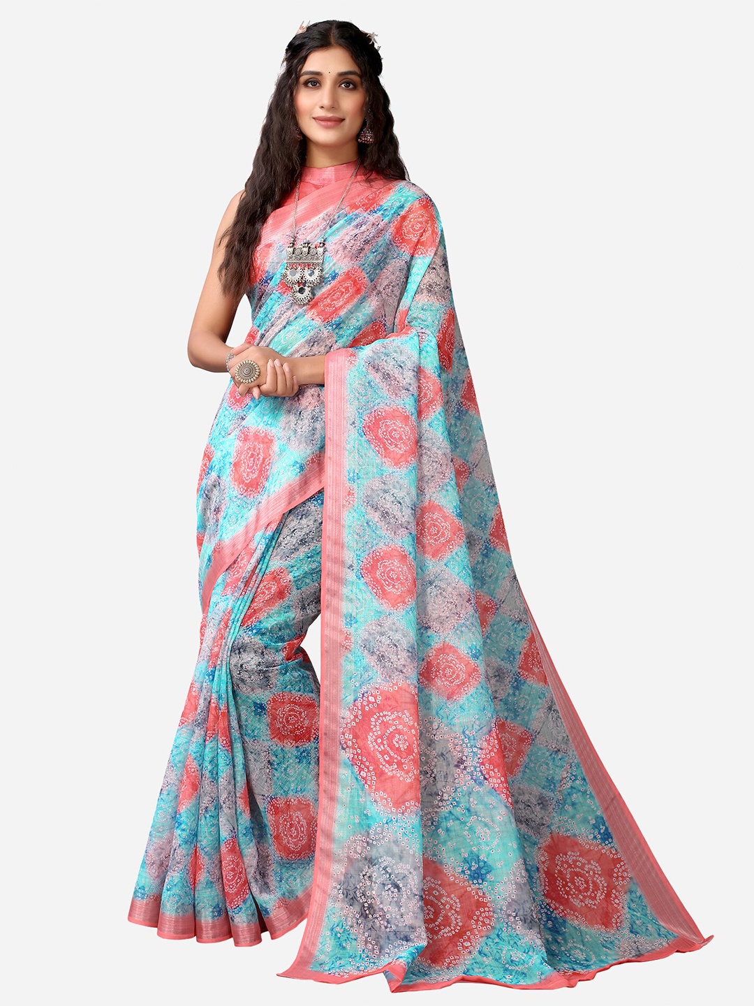 

Satrani Pink & Blue Printed Cotton Blend Saree