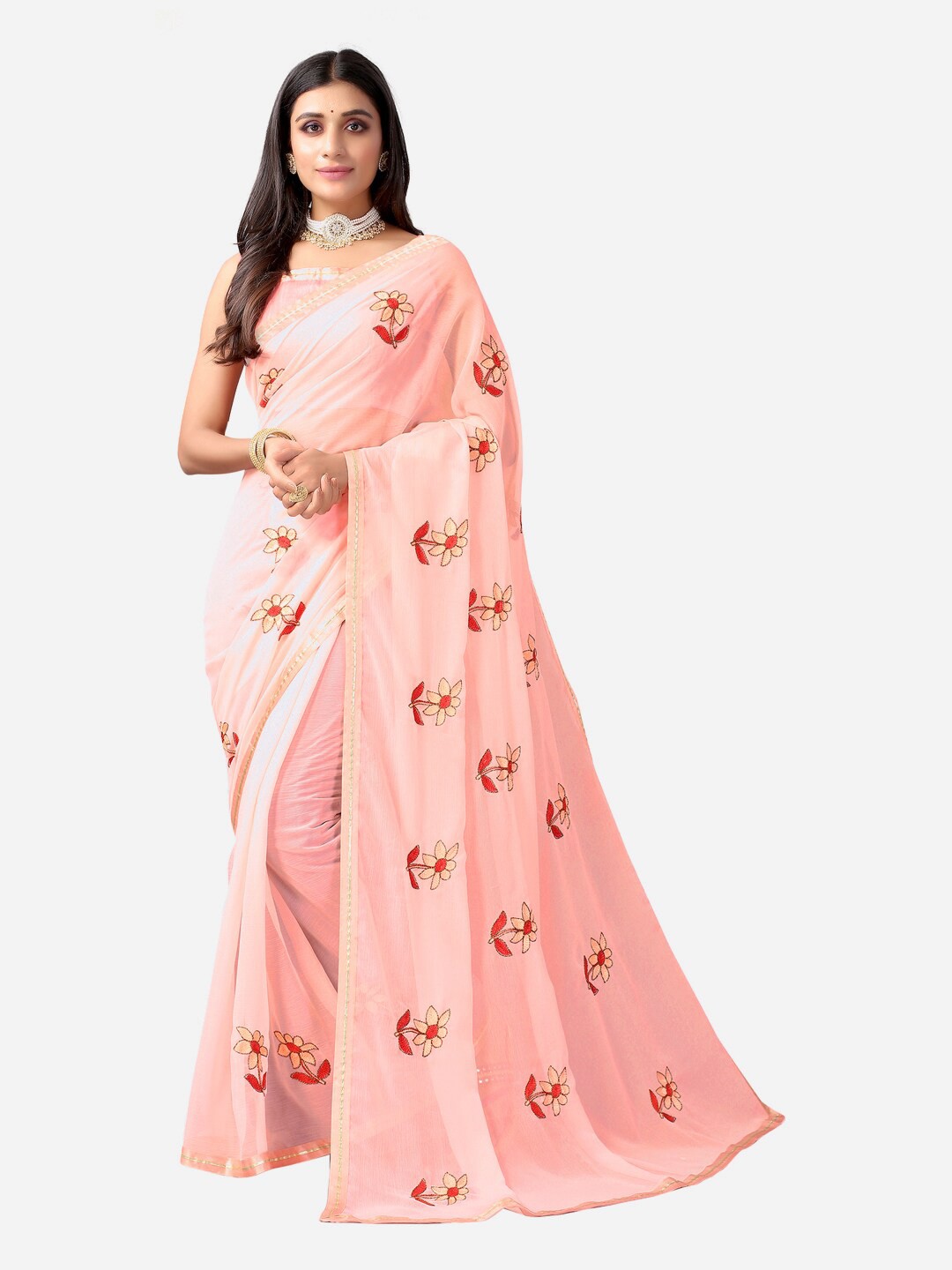 

Satrani Pink & Red Floral Saree