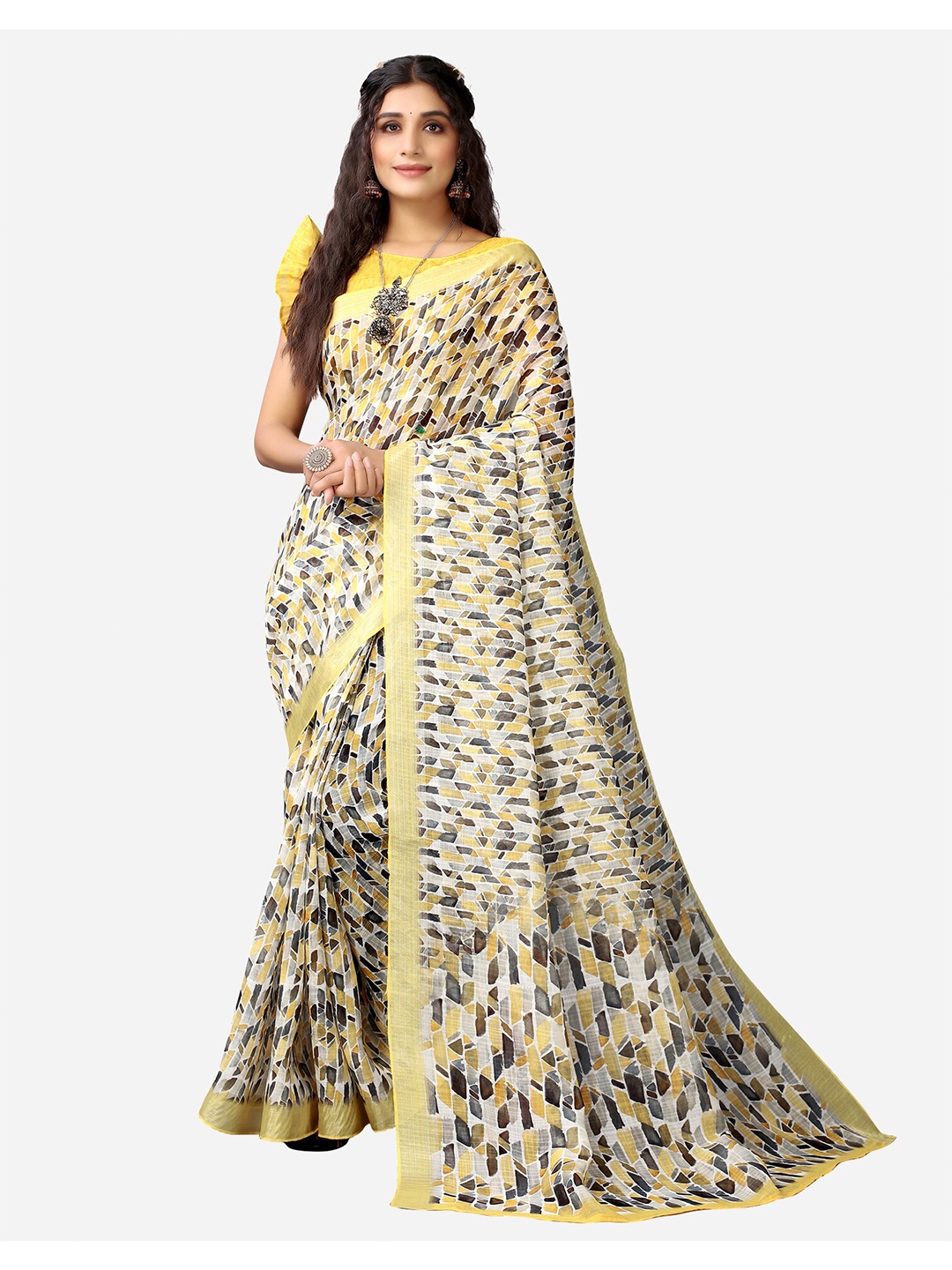 

Satrani Grey & Yellow Printed Cotton Blend Saree