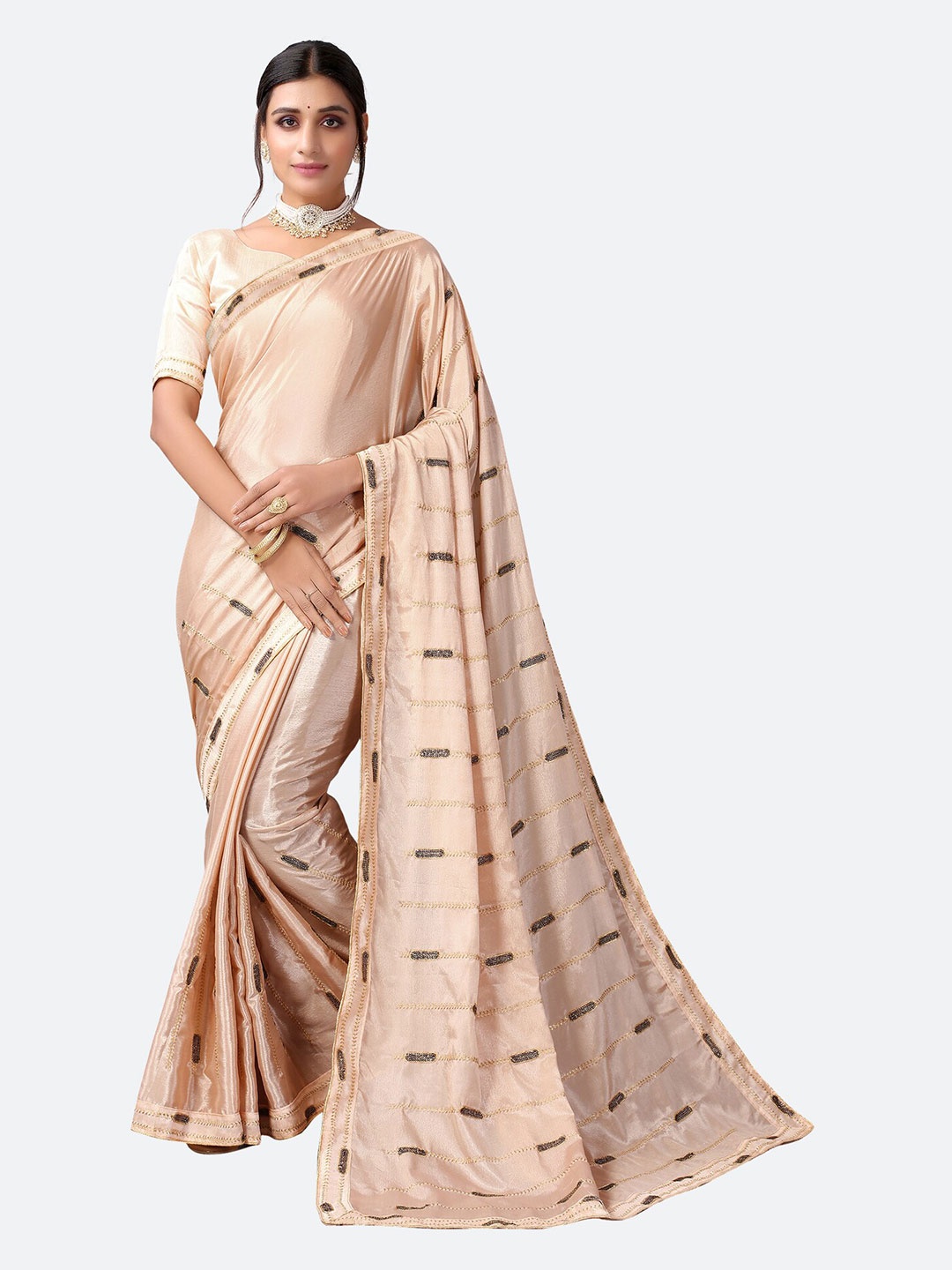 

Satrani Rose Gold & Black Ethnic Motifs Silk Cotton Heavy Work Saree