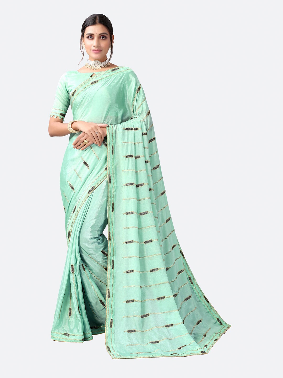 

Satrani Green & Gold-Toned Ethnic Motifs Silk Cotton Heavy Work Saree