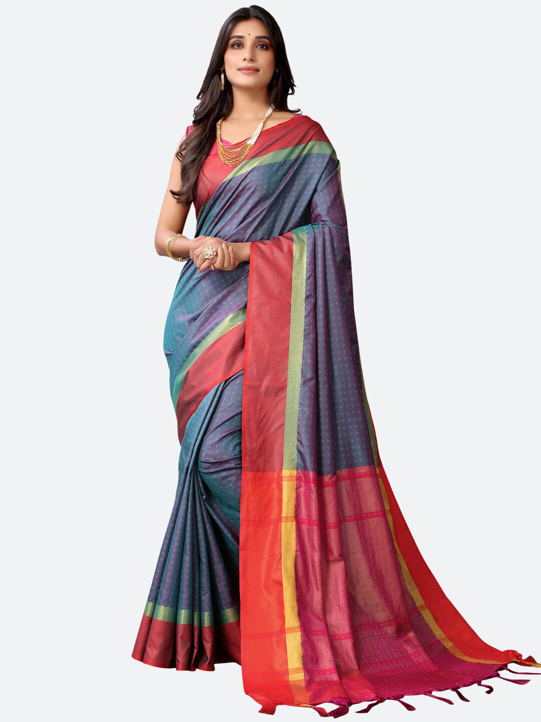 

Satrani Teal & Red Zari Woven Design Saree