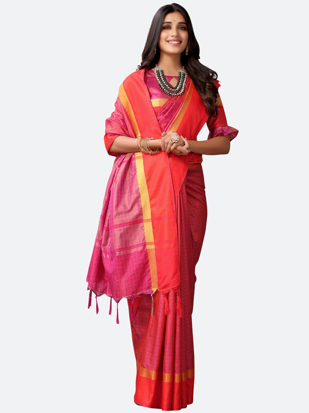 

Satrani Red & Pink Checked Zari Saree