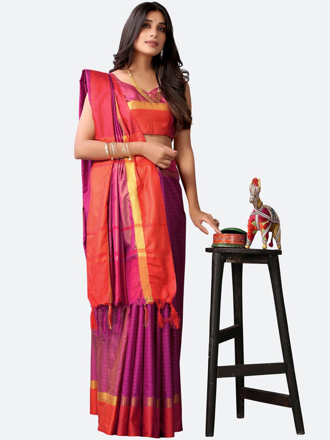 

Satrani Violet & Red Woven Design Zari Poly Silk Saree