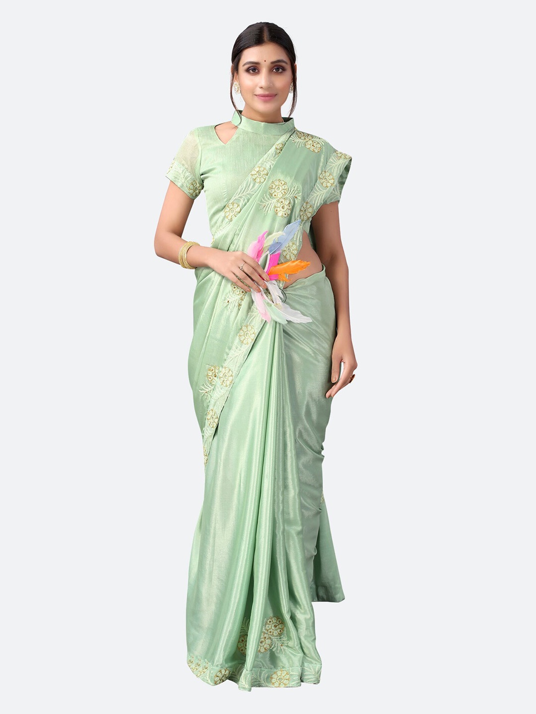 

Satrani Green Ethnic Motifs Zari Silk Cotton Saree