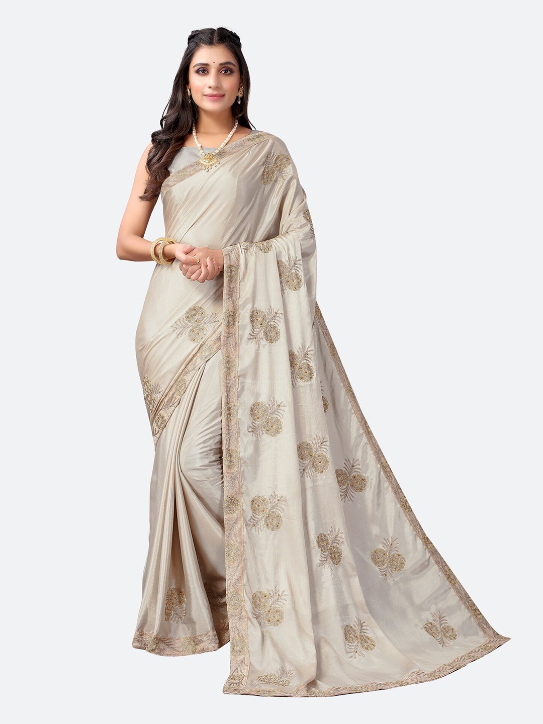 

Satrani Beige Floral Beads and Stones Silk Cotton Saree