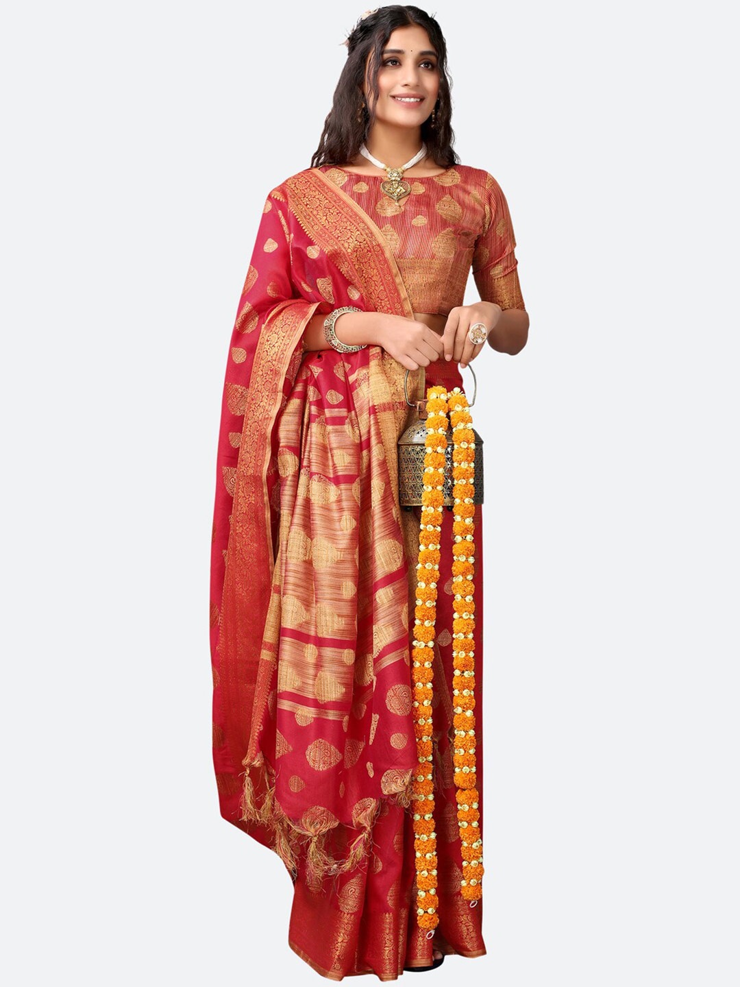 

Satrani Red & Gold-Toned Ethnic Motifs Woven Design Zari Silk Cotton Saree