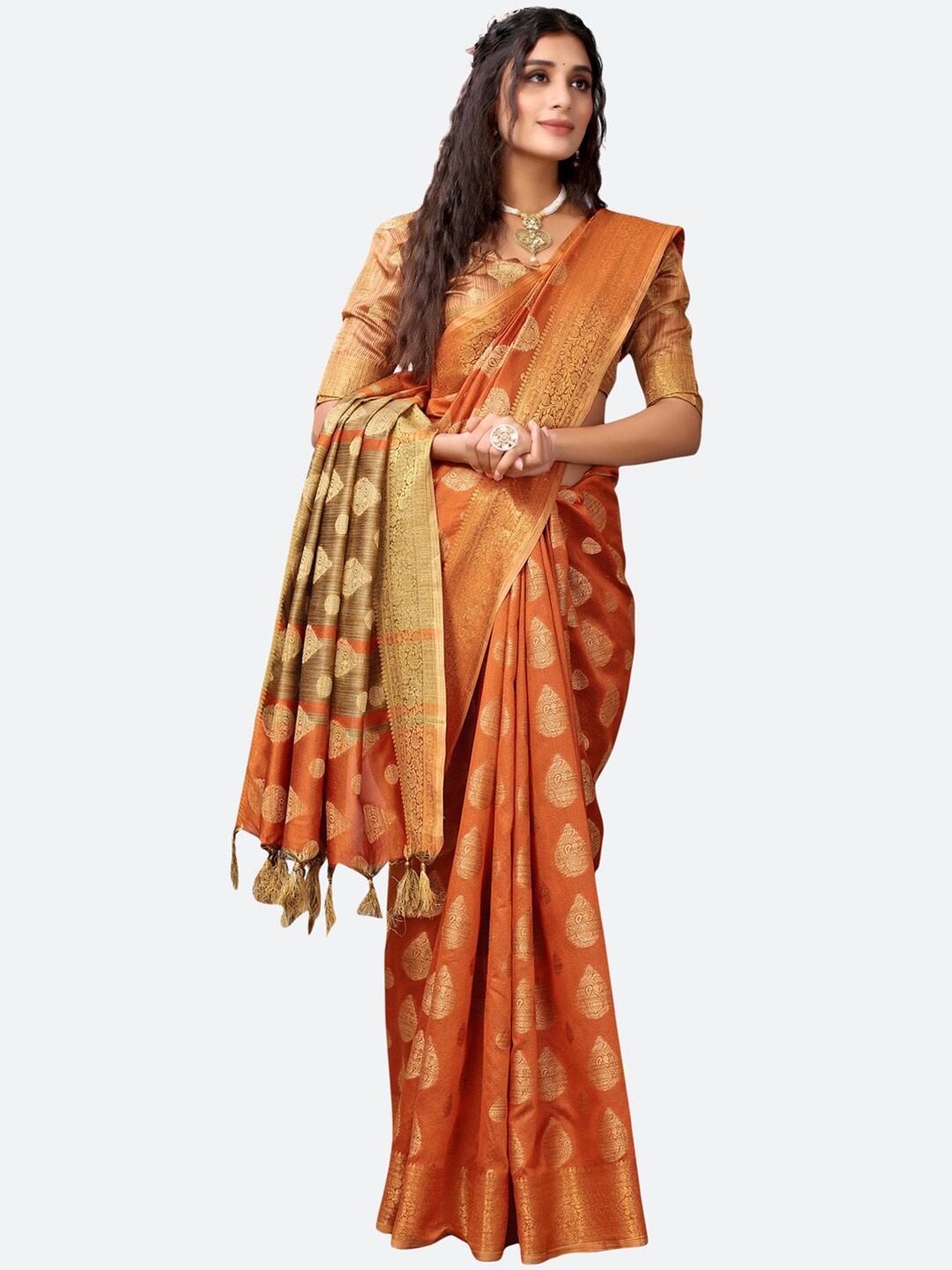 

Satrani Orange & Gold-Toned Woven Design Zari Silk Cotton Saree