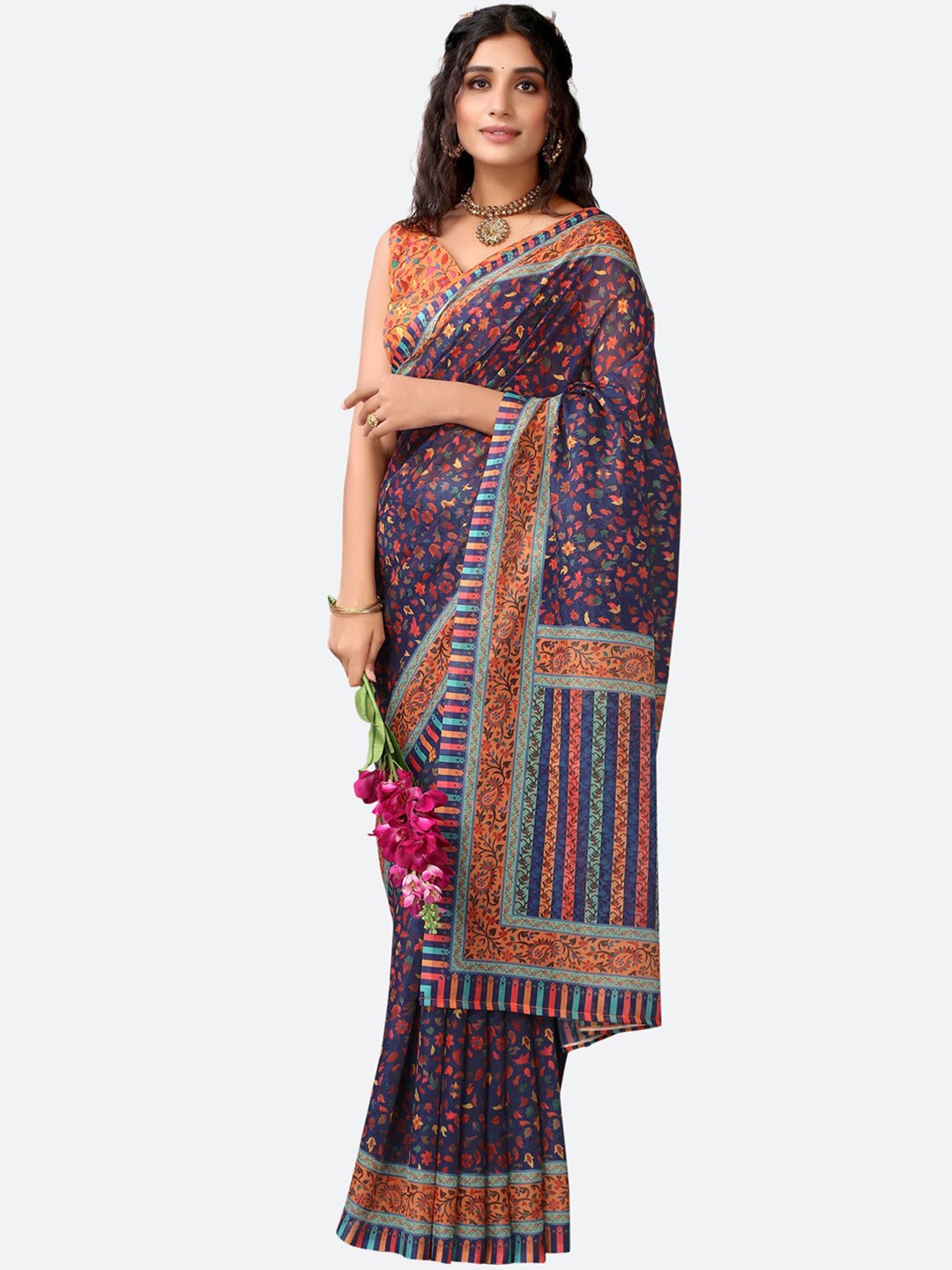 

Satrani Navy Blue & Red Floral Saree