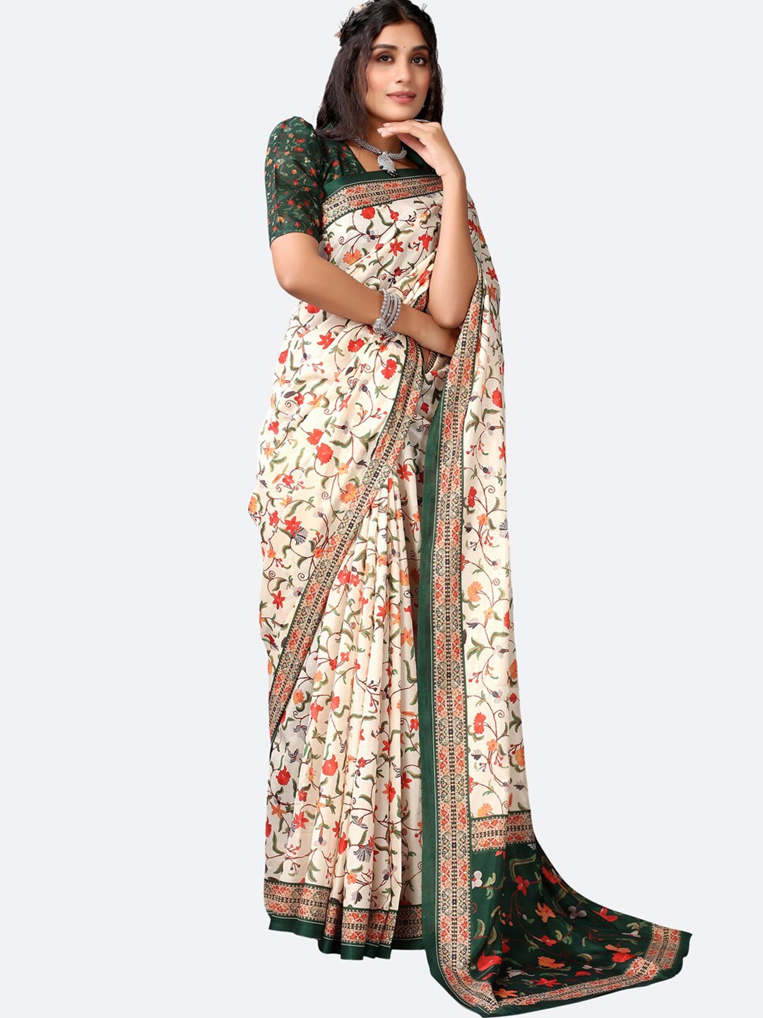 

Satrani Off White & Black Floral Printed Saree