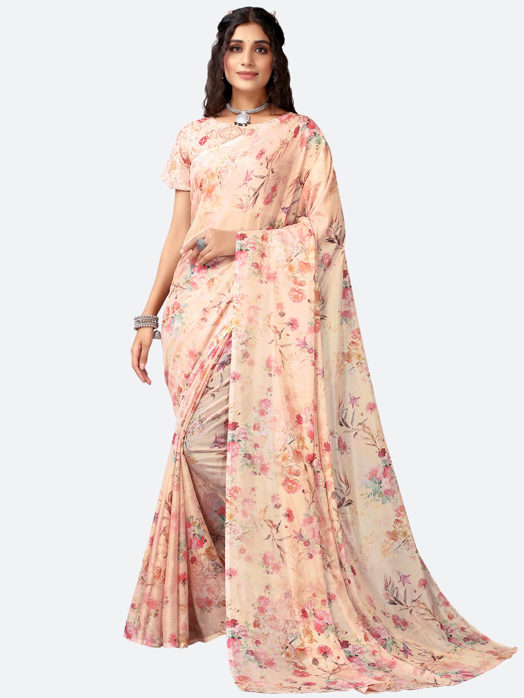 

Satrani Peach-Coloured & Blue Floral Saree